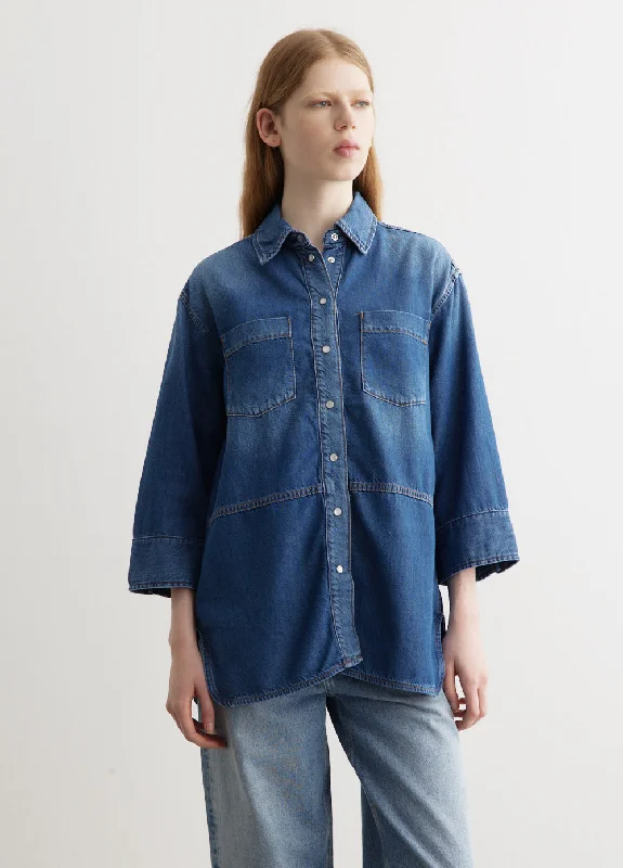 Light Denim Oversized Shirt Trendy Tie-Front Short Shirt