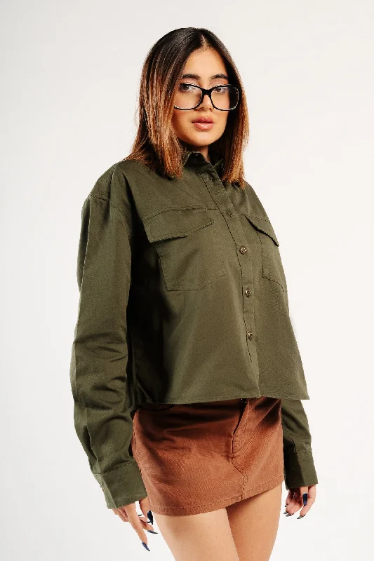 Light Olive Front Pocket Shirt Cozy Plain Short Sleeve