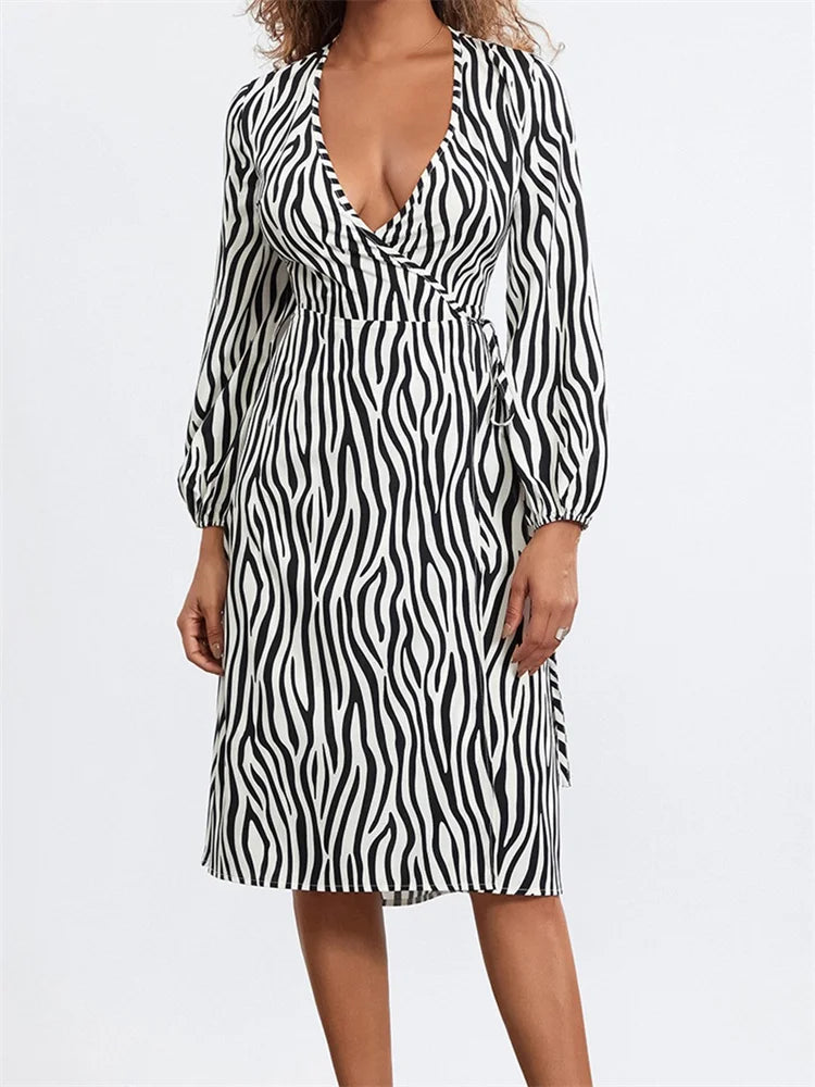 Long Sleeve V-Neck Zebra Striped Print Tie-Up Casual Midi Dress Comfortable Button Front Midi Dress