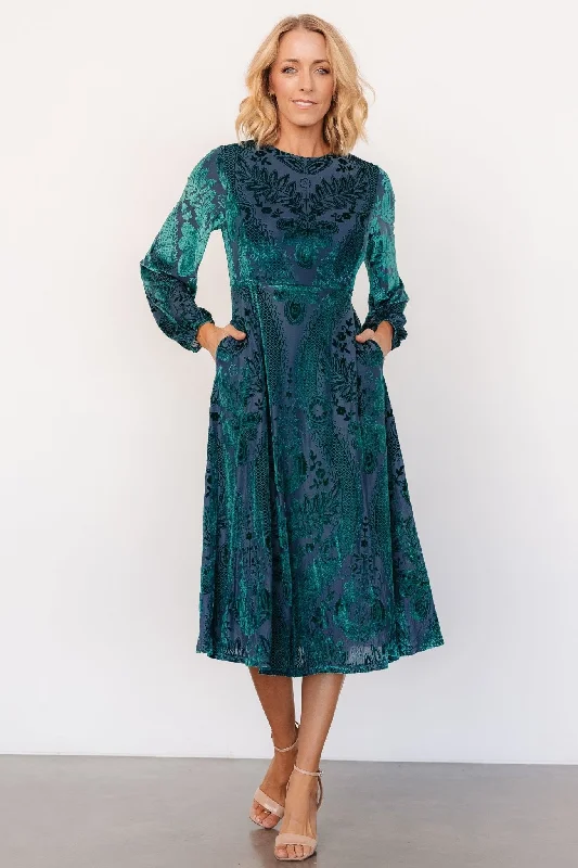 Lorielle Velvet Midi Dress | Emerald Print Elegant V-Neck Midi Dress