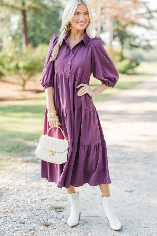 Love Found Plum Purple Tiered Midi Dress Comfortable Empire Waist Midi Dress