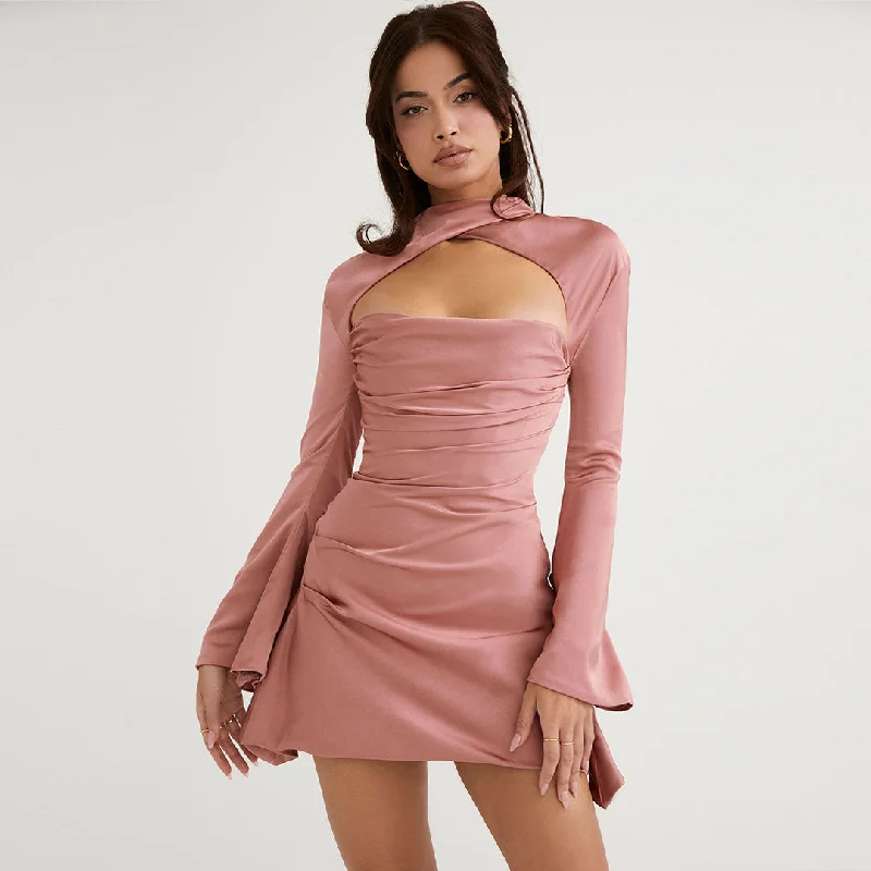 BerryBetty - Long Sleeve Draped Satin Mini Dress - Pink Trendy Denim Mini Dress