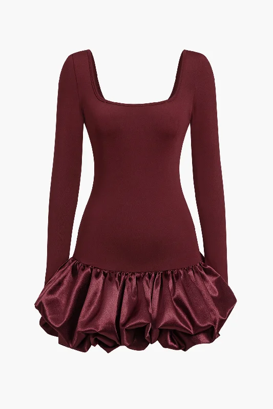 Long-Sleeve Puff Hem Mini Dress Casual V-Neck Mini Dress