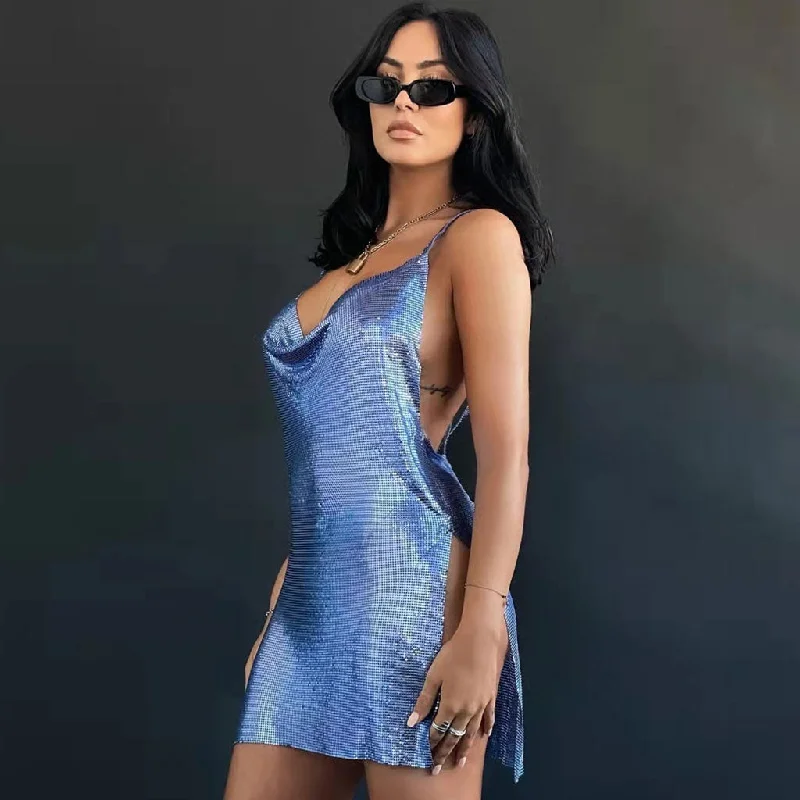 BerryBetty - Cowl Neck High Slit Club Mini Dress - Royal Blue Stylish Plaid Mini Dress