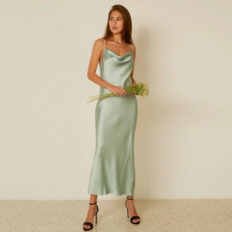 FashionSierra - Mint Green Strap Satin Party Nightclub Midi Dress Elegant Velvet Midi Dress