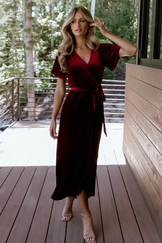 Nadine Velvet Midi Dress | Merlot Stylish Button-Up Midi Dress