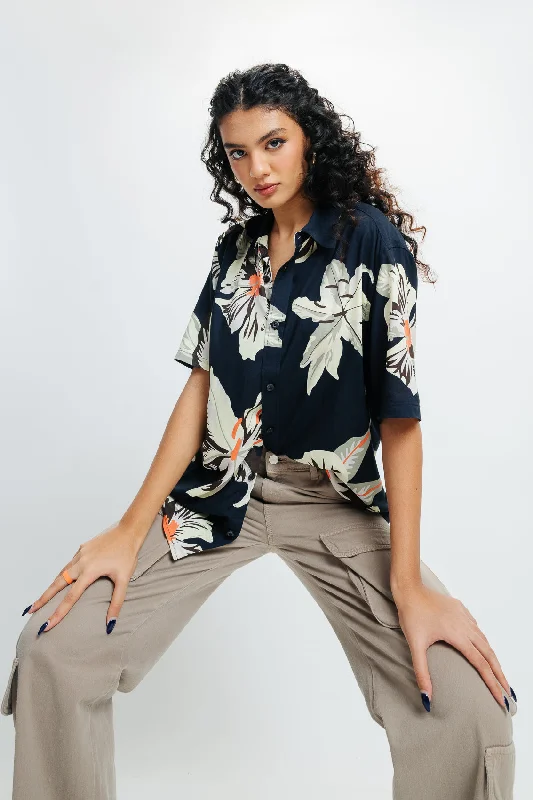 Navy Floral Print Shirt Stylish Split-Hem Short Shirt