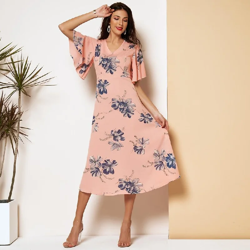 FashionSierra - New Summer Dress Women Pink Floral Printing V-neck Slim-fiitted Ruffle Short Sleeves A-line Thin Chiffon Sweet Midi Dresses Comfortable Button Front Midi Dress