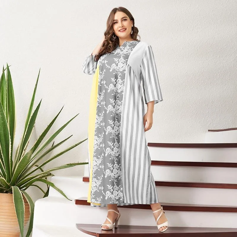 FashionSierra - Summer Midi Dress Women Multi-color Floral Striped Chiffon Loose Casual Holiday Stitching V-neck 3/4 Sleeve Long Robes Fashionable One-Shoulder Midi Dress