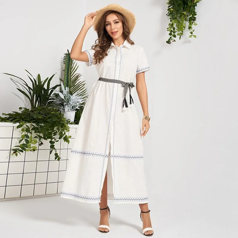 FashionSierra - New Summer Midi Dress Women White Waistbelt Buttons Pure Cotton Casual Bohemia Holiday Style Sweet Short Sleeve Long Robes Trendy Boho Midi Dress