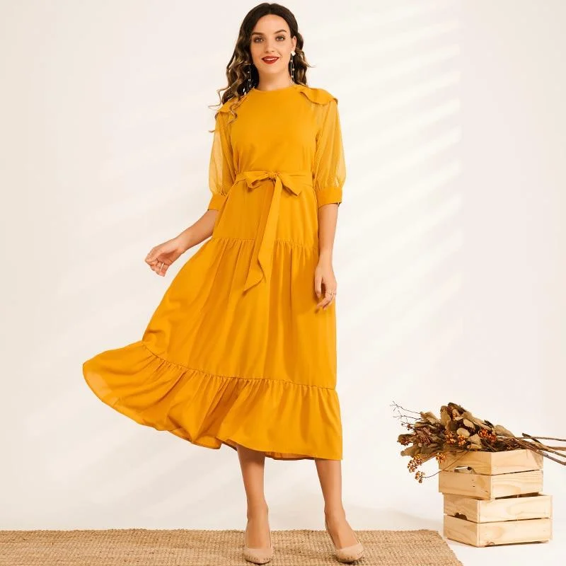 FashionSierra - Summer Midi Dress Women Yellow Ruffled Hem Draped Back Buckle O-neck Mesh Lantern Half Sleeve Loose Casual Elegant Robe Cozy Midi Dress with Pockets