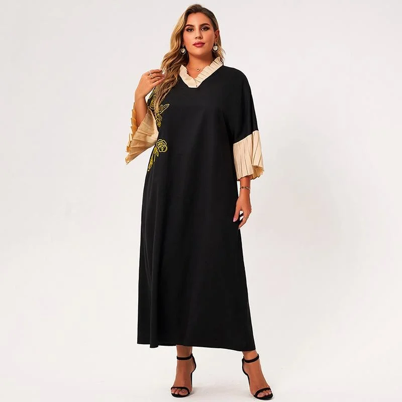 FashionSierra - New Summer Midi Dress Women Plus Size Black Loose Floral Embroidery Petal Collar Stitching 3/4 Sleeve Large Elegant Robes Comfortable Lace-Up Midi Dress