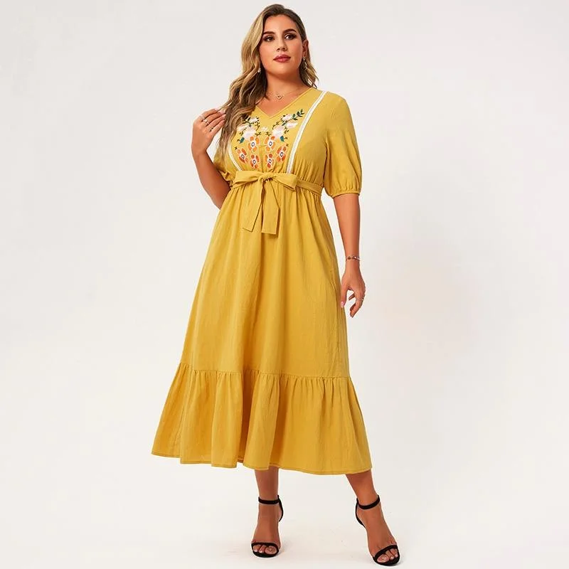 FashionSierra - New Summer Midi Dress Women Plus Size Yellow Loose Floral Embroidery Sashes Lace Ruffle Hem Half Sleeve Large Elegant Robes Chic Off-Shoulder Midi Dress