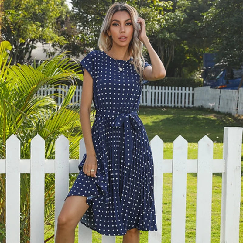 New Summer Polka Dots Pleated Waist Office Green Dinner Midi Dresses Comfortable Ribbed Midi Dress