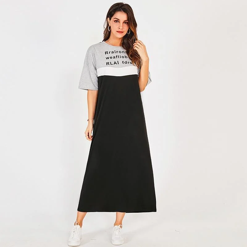 FashionSierra - New Summer Women Long Dress Stitching Black Hit Color Letter Print Casual O-neck Short-sleeved Loose College Midi Dresses Trendy Shift Midi Dress