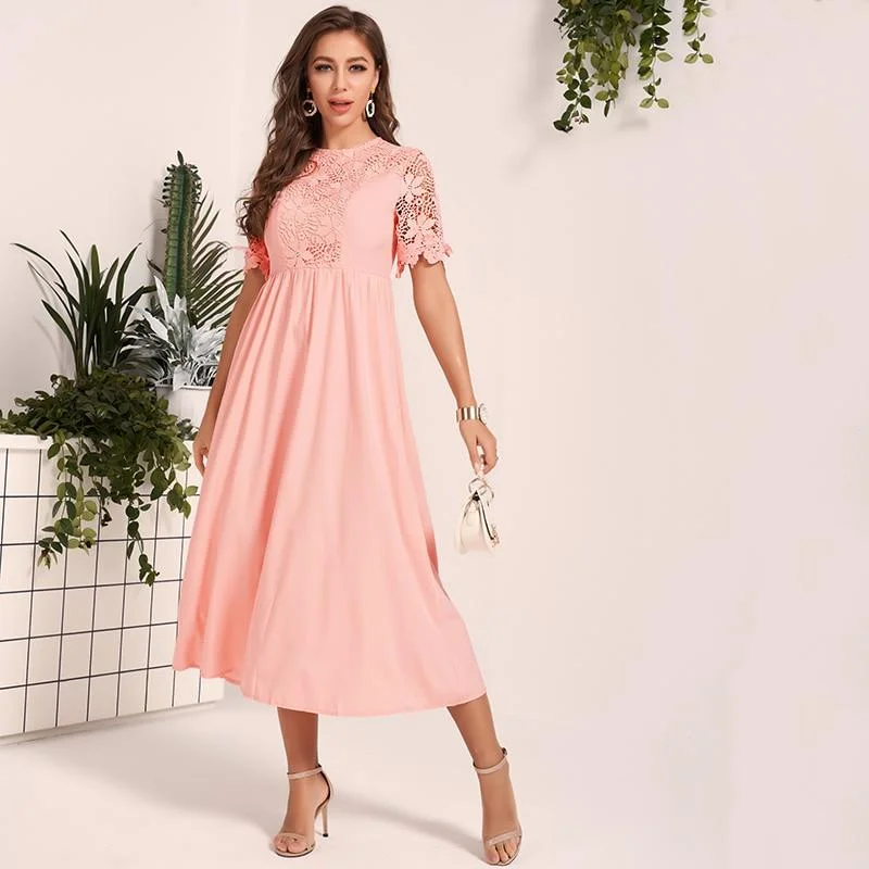 FashionSierra - New Women Lace Dress Sweet Pink Guipure Lace Insert Hollow Out O Neck Fit Flare Midi Dresses Party Dress Summer Elegant Floral Skirt Midi Dress