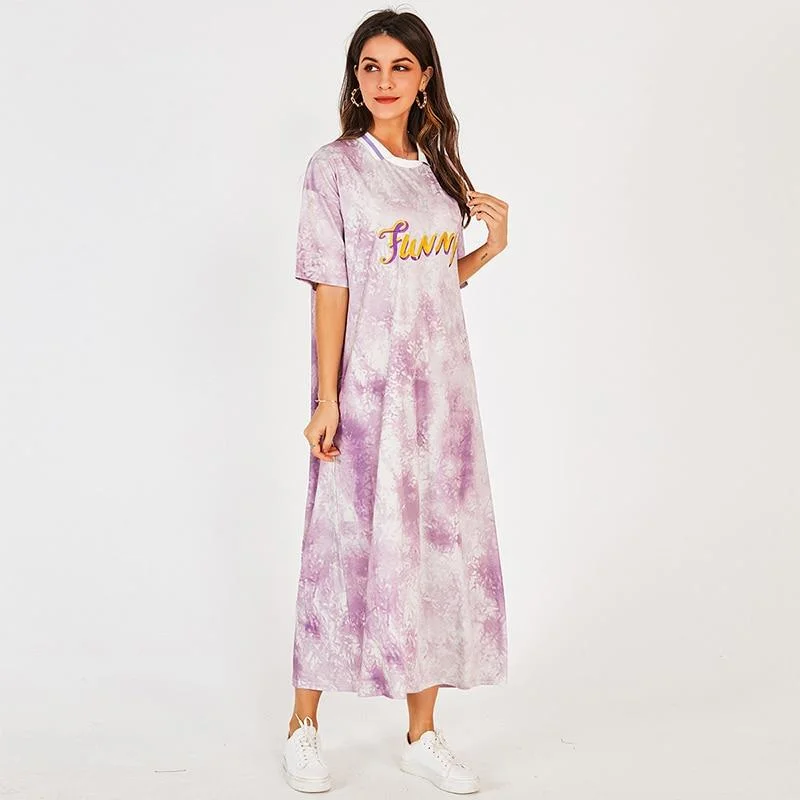 FashionSierra - New Women Summer Long Dress Purple Tie Dye A-line Letter Print Casual Lapel Short-sleeved Loose Sweet Midi Dresses Trendy Long Sleeve Midi Dress