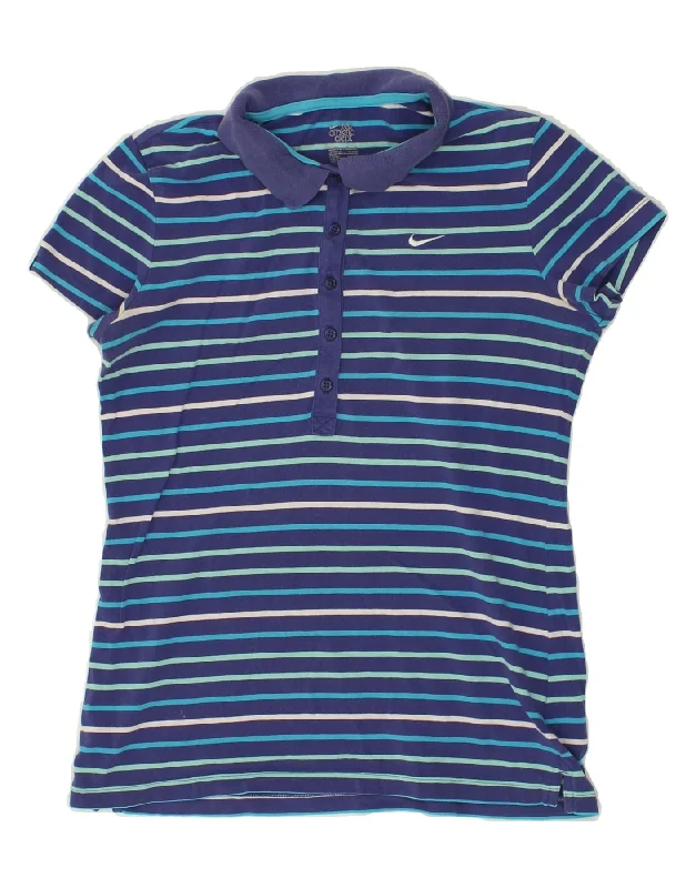 NIKE Womens Polo Shirt UK 14 Medium Navy Blue Striped Cotton Elegant Draped Short Sleeve NIKE Womens Polo Shirt UK 14 Medium Navy Blue Striped Cotton Elegant Draped Short Sleeve