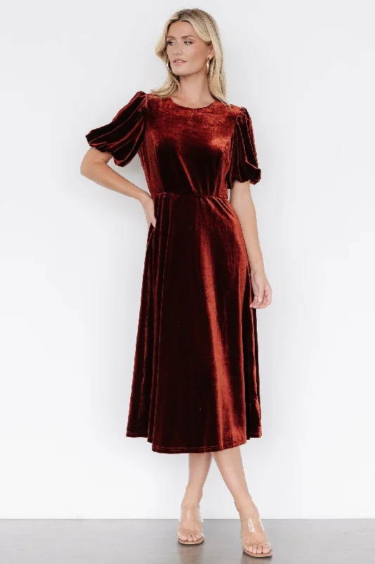 Nita Velvet Midi Dress | Deep Cinnamon Comfortable Adjustable Strap Midi Dress