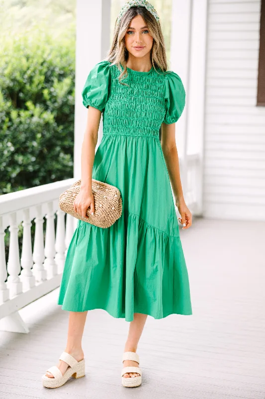 No Limits Green Smocked Midi Dress Comfortable Fit-and-Flare Midi Dress