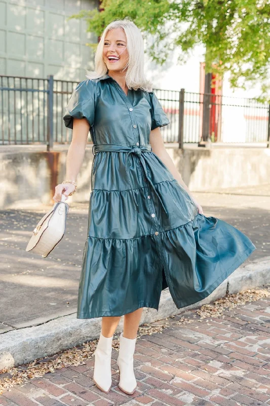 Pinch: More For You Hunter Green Faux Leather Midi Dress Chic Off-Shoulder Midi Dress