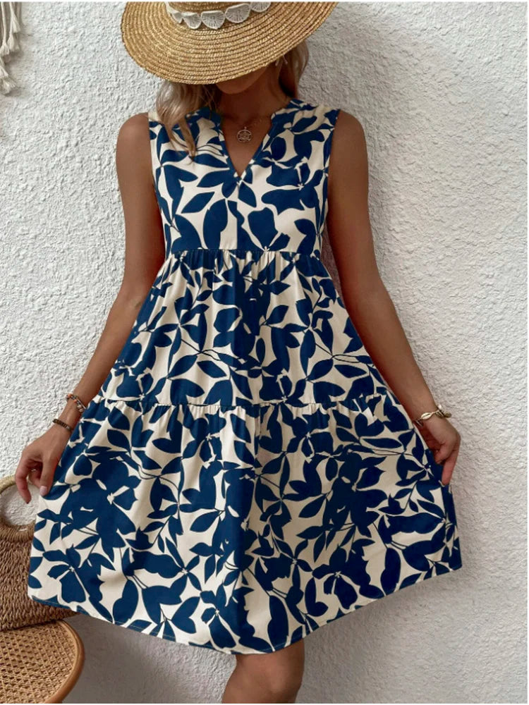 Print Women V Neck Chic Elegant Woman  Beach Knee-length Midi Dresses Comfortable Knitwear Midi Dress