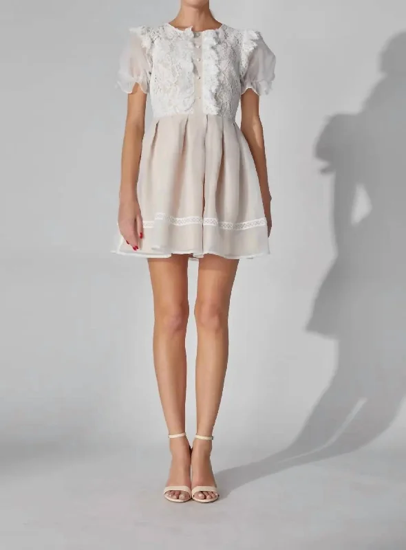 Puff Sleeve Lace Mini Dress In White/beige Stylish Plaid Mini Dress