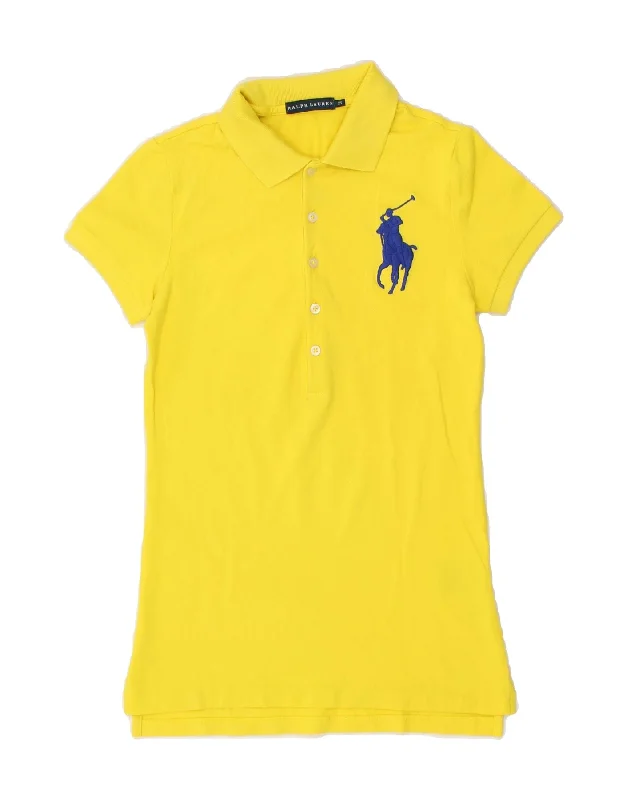 RALPH LAUREN Womens Polo Shirt UK 4 XS Yellow Cotton Comfortable Peplum Short Shirt