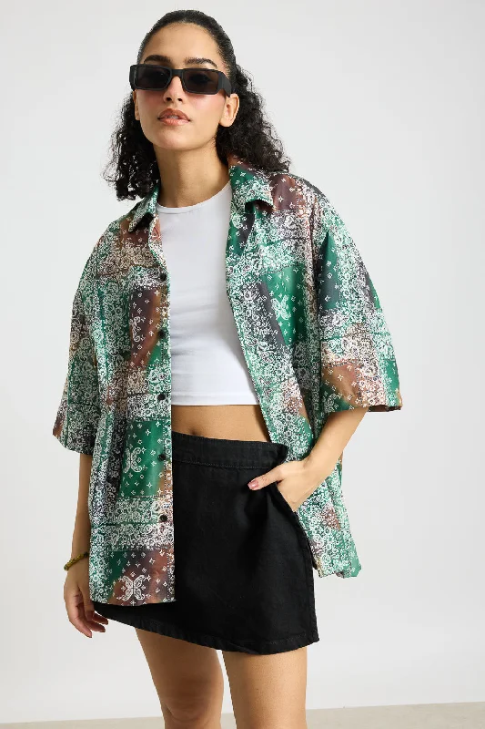 Green Multi Print Women's Resort Shirt Casual Plain Short Shirt