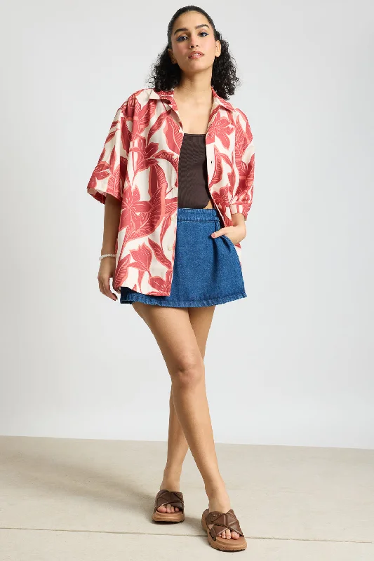 Red Flower Women's Resort Shirt Relaxed Button-Down Short Shirt