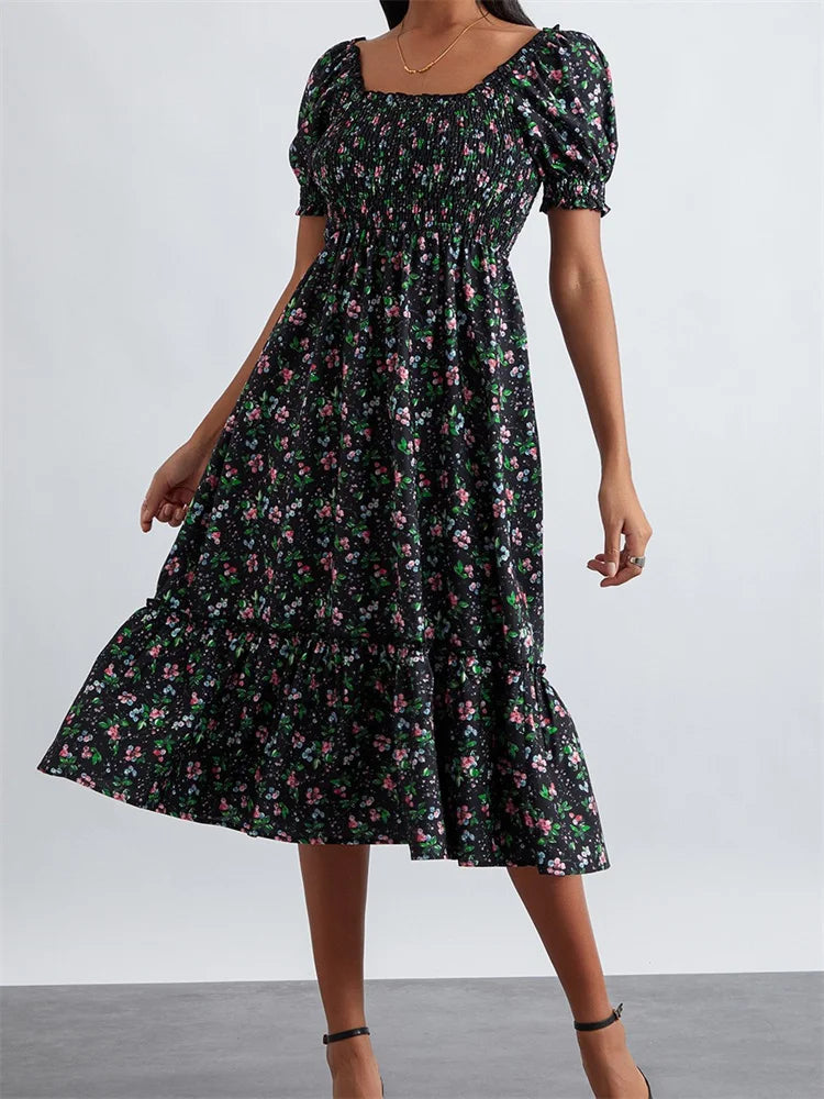 Retro Summer Floral Print Square Neck Short Puff Sleeve Ruched Midi Dress Fashionable Wide Leg Midi Dress