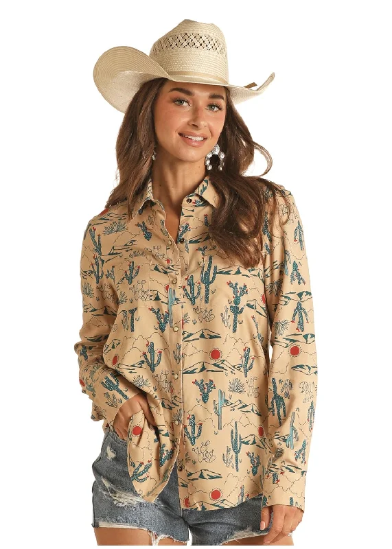 Rock & Roll Cowgirl Women's Desert Tan Printed Long Sleeve Western Snap Shirt RRWSOSR0V2 Cozy Printed Short Shirt Rock & Roll Cowgirl Women's Desert Tan Printed Long Sleeve Western Snap Shirt RRWSOSR0V2 Cozy Printed Short Shirt