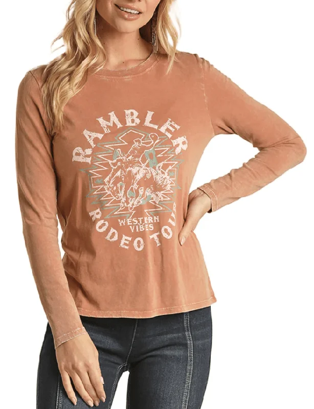 Rock & Roll Cowgirl Women's Rambler Graphic Long Sleeve Shirt RRWT22R0BN Stylish Split-Hem Short Shirt Rock & Roll Cowgirl Women's Rambler Graphic Long Sleeve Shirt RRWT22R0BN Stylish Split-Hem Short Shirt
