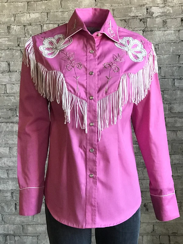 Rockmount Womens Pink 100% Cotton Embroidered Fringe Western L/S Shirt Casual Button-Up Short Tee