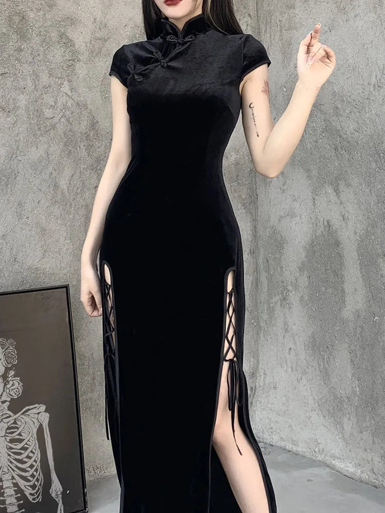 Romantic Gothic Velvet Aesthetic Vintage Black Evening Cheongsam Midi Dresses Stylish High-Waisted Midi Dress