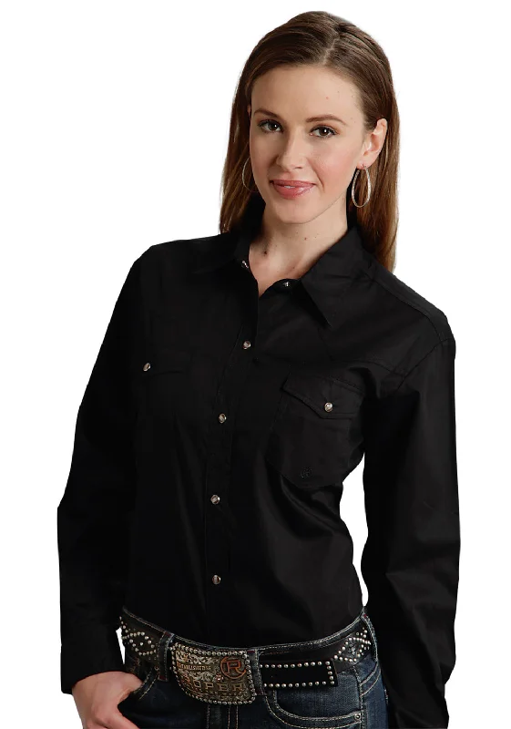 Roper Basic Solid Ladies Black 100% Cotton L/S 2 Pocket Western Shirt Relaxed Cotton Short Shirt