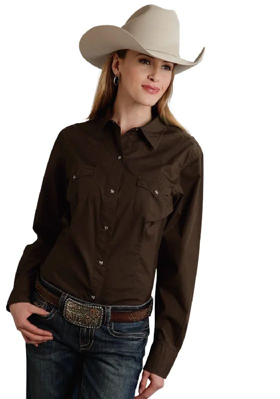 Roper Basic Solid Ladies Chocolate 100% Cotton L/S Western Shirt Comfortable Ribbed Short Sleeve