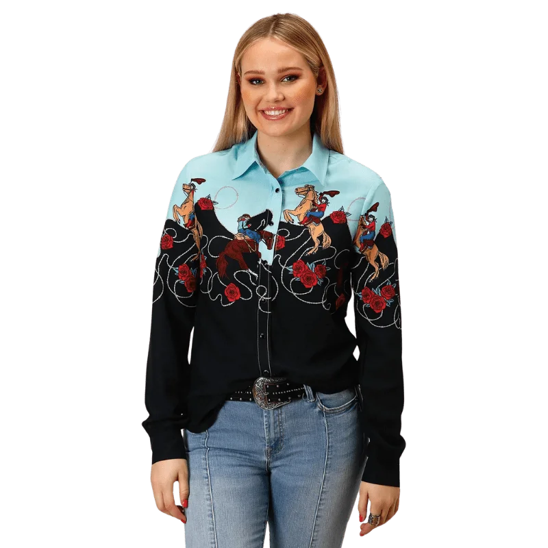 Roper Women's Cowgirl Border Printed Long Sleeve Western Snap Shirt 03-050-0590-6114 BL Elegant Off-Shoulder Short Shirt Roper Women's Cowgirl Border Printed Long Sleeve Western Snap Shirt 03-050-0590-6114 BL Elegant Off-Shoulder Short Shirt