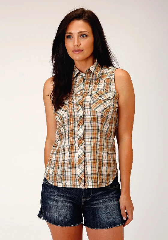 Roper Womens Forest Green Plaid Brown Cotton Blend S/L Shirt Classic Solid Short Shirt