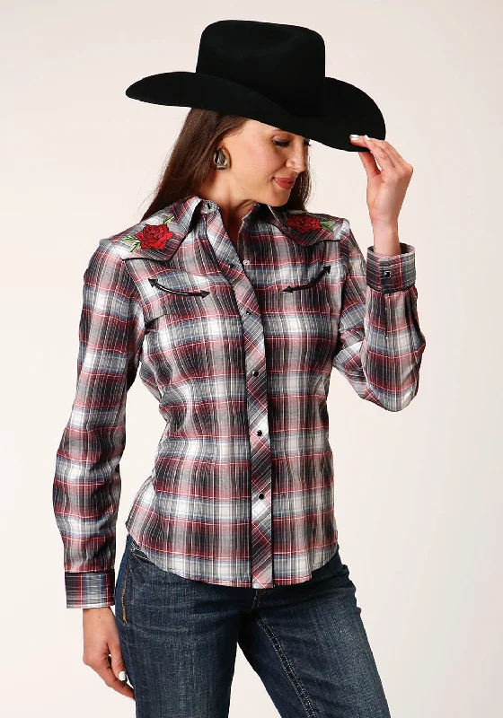 Roper Womens Rose Plaid Red Cotton Blend L/S Shirt Soft Flowing Short Shirt