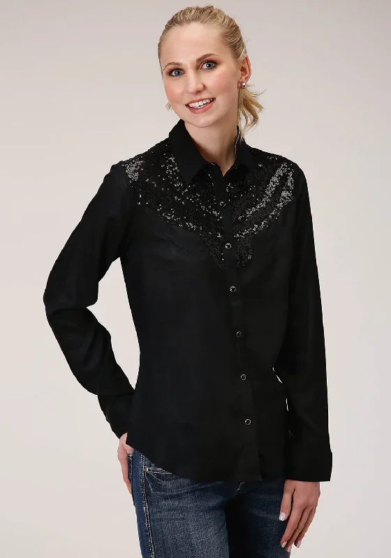 Roper Womens Sequin Boyfriend Black 100% Rayon L/S Shirt Casual Boxy Short Shirt