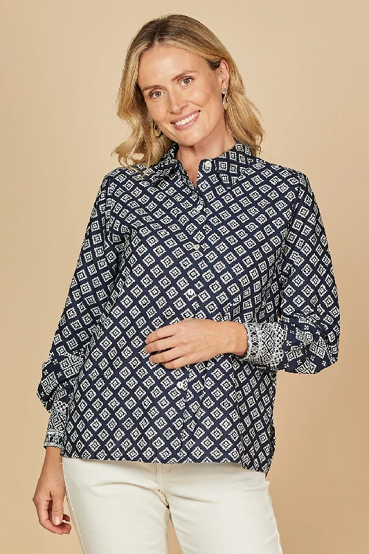 Sam Shirt in Navy Iris Trendy Ruffled Short Sleeve