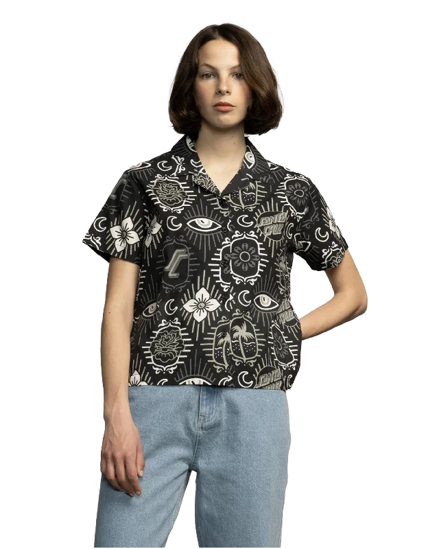 Patchwork Shirt in Black Patchwork Fashionable Cuffed Short Sleeve