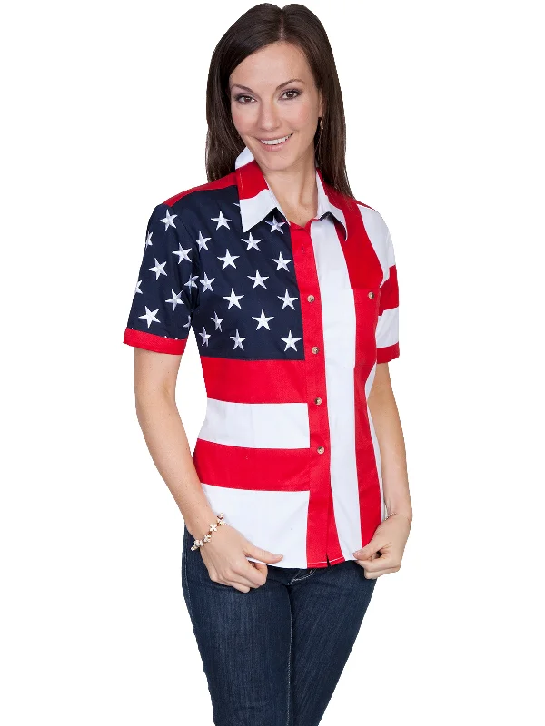 Scully RangeWear Womens Red 100% Cotton American Flag S/S Western Shirt Fashionable Tied Short Sleeve