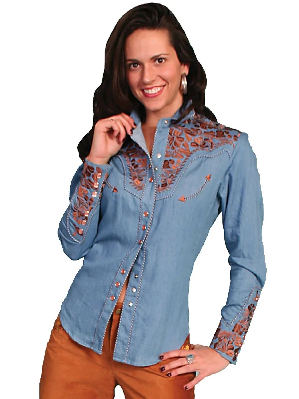 Scully Western Womens Blue Polyester L/S Floral Stitch Western Shirt Trendy Sleeveless Short Shirt