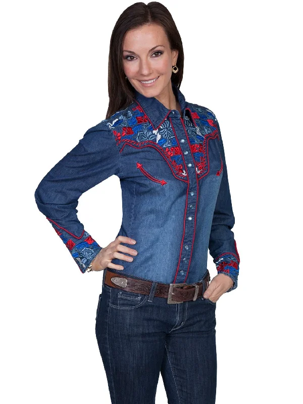 Scully Western Womens Denim Polyester L/S Multi-Floral Western Shirt Relaxed Short Sleeve Tee