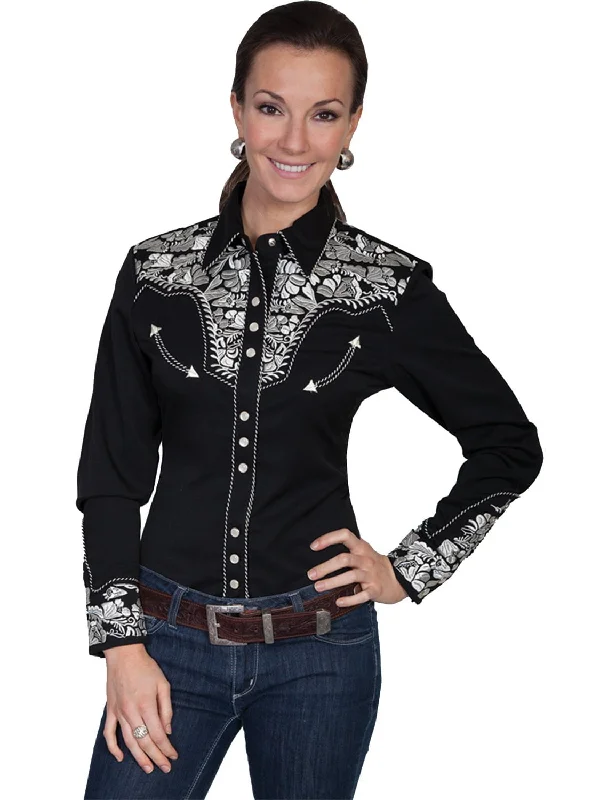 Scully Western Womens Silver Polyester L/S Floral Stitch Western Shirt Trendy Button-Front Short Sleeve