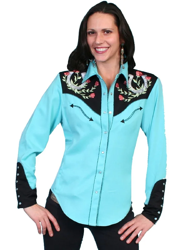 Scully Western Womens Turquoise Polyester L/S Horseshoe Western Shirt Classic Button-Up Short Tee