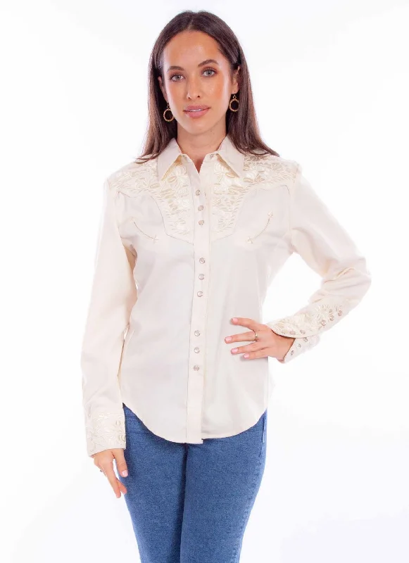 Scully Womens Embroidered Floral Ivory Poly/Rayon L/S Shirt Relaxed Fit Short Shirt