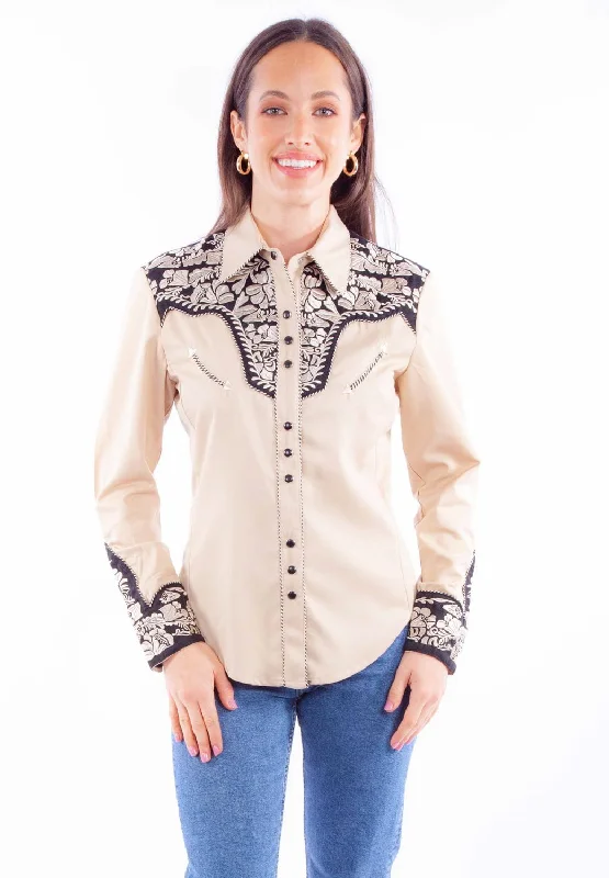 Scully Womens Embroidered Floral Tan Poly/Rayon L/S Shirt Stylish Crew Neck Shirt